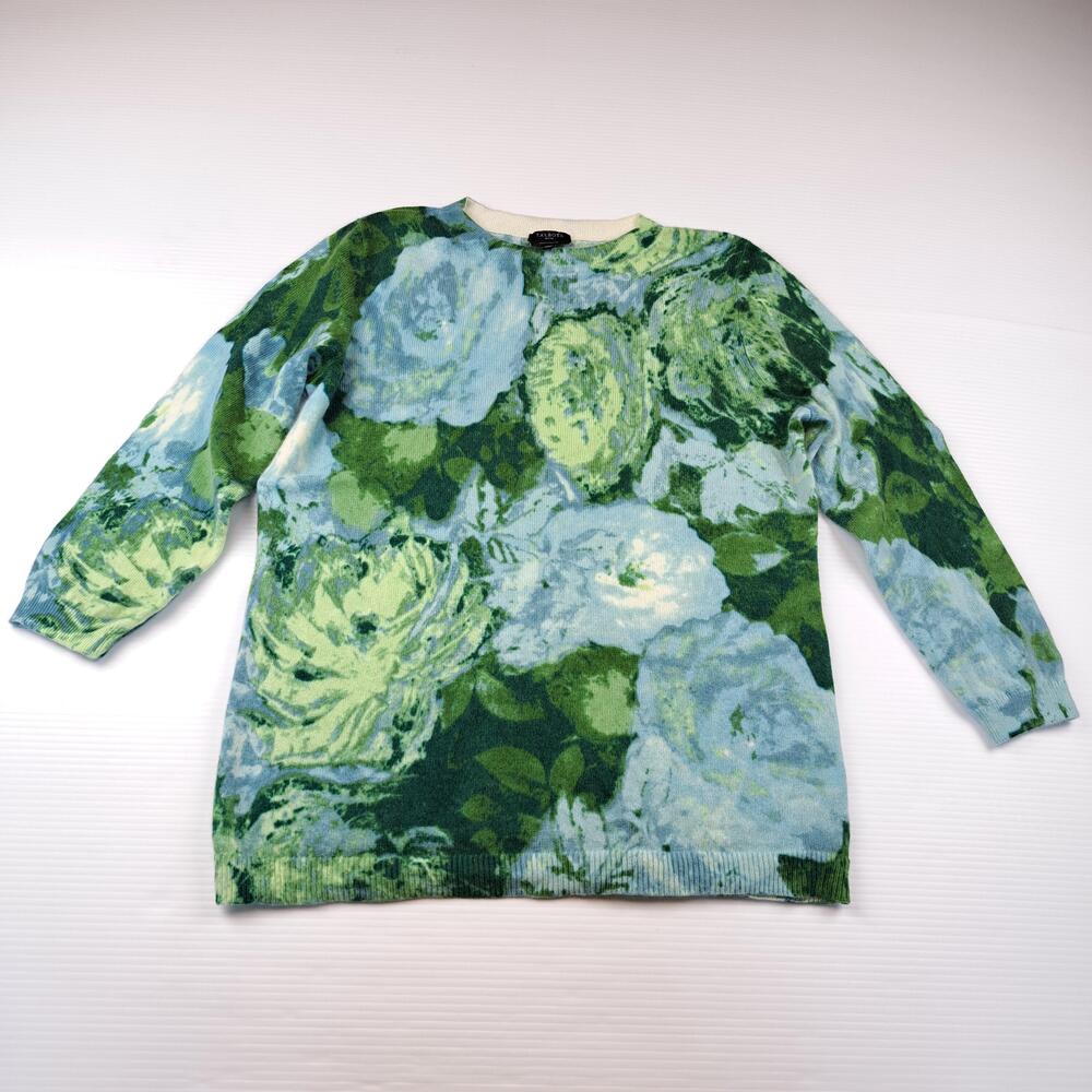 Talbots Sweater Womens Petite Large Green 100% Cashmere Floral Crew 3/4 Sleeve